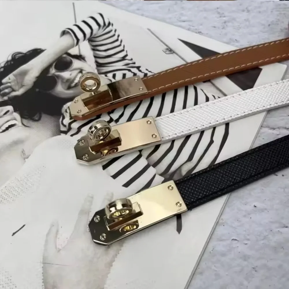 NWT Luxury Brand Black Leather Belt Designer Silver Alloy Kelly Buckle